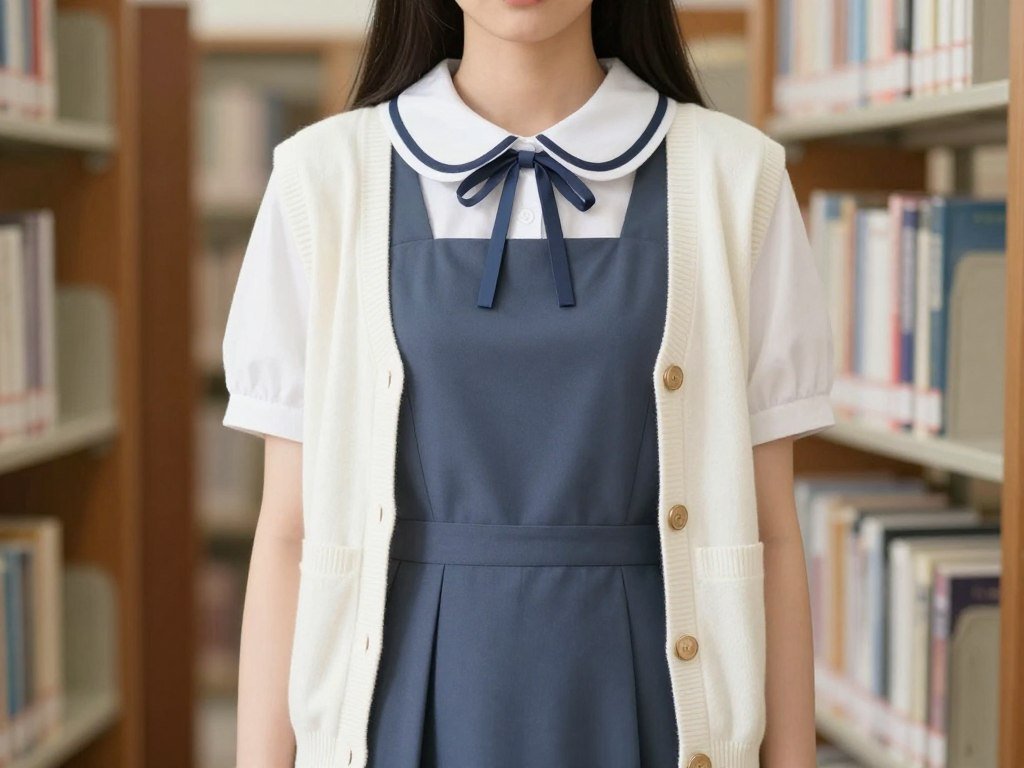 Student wearing a preppy dress with a cardigan and headband