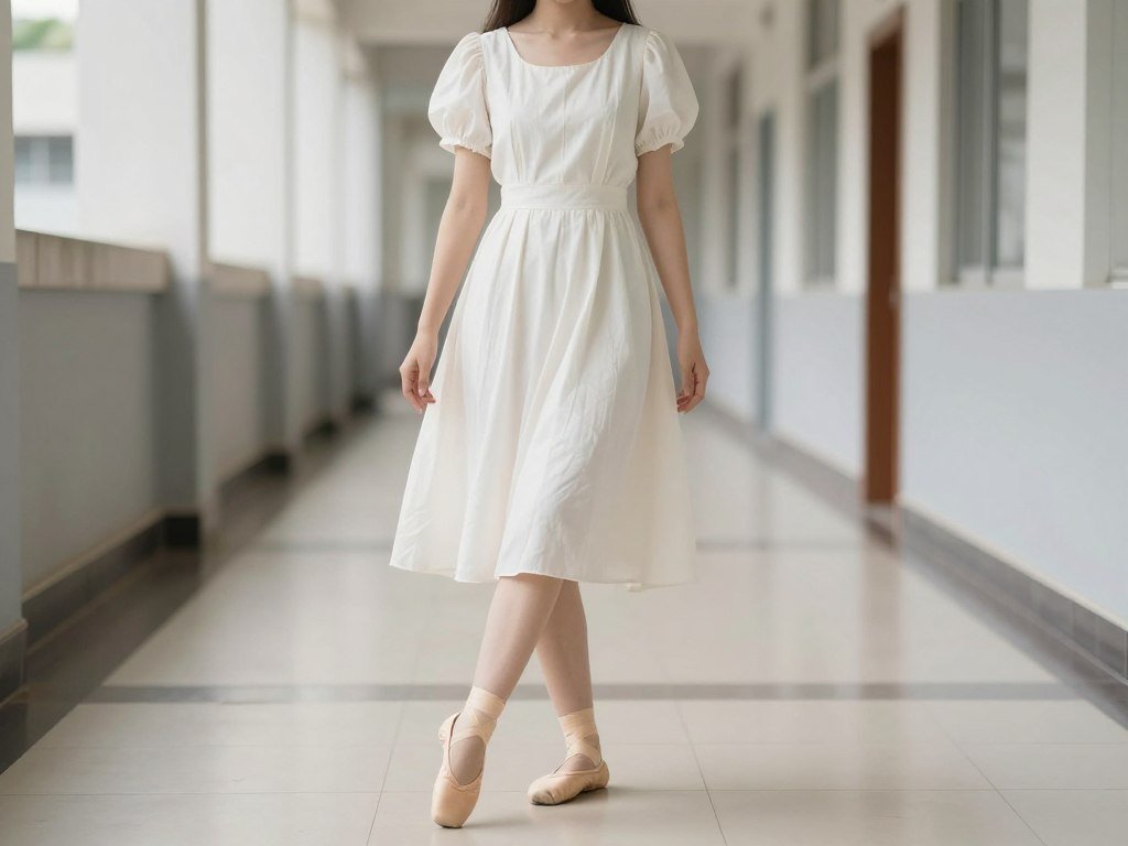 Student wearing a puff sleeve dress with ballet flats