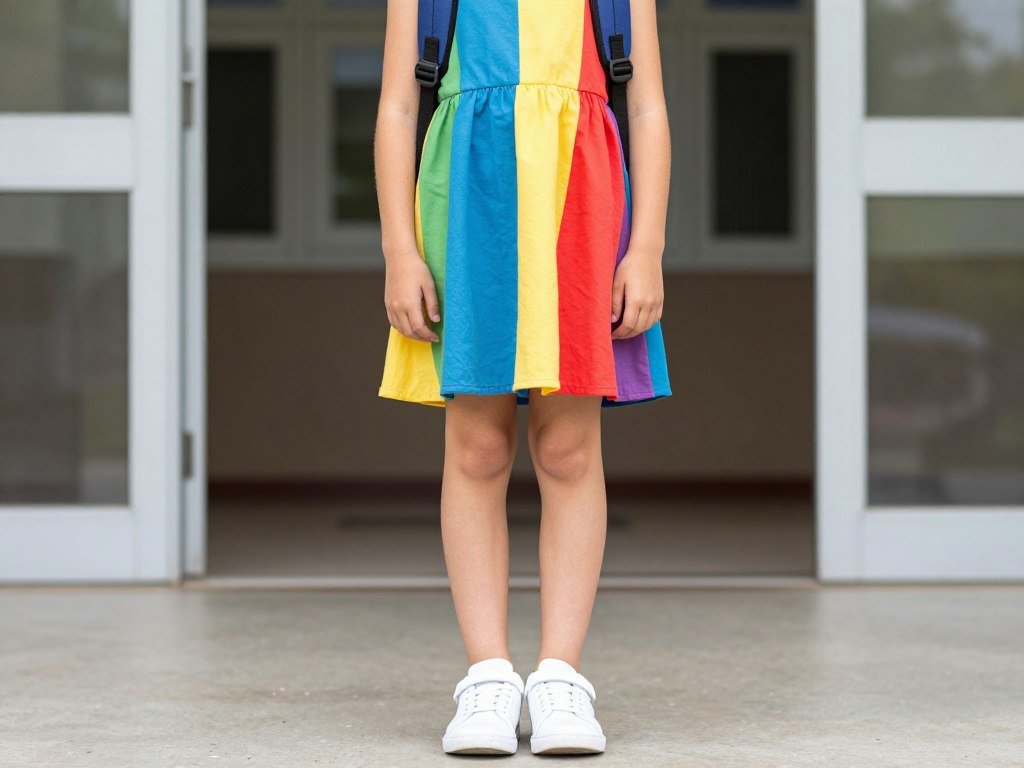 Student wearing a statement dress with simple accessories for first day of school