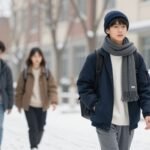 Student wearing a stylish winter outfit for school featuring layers and winter accessories