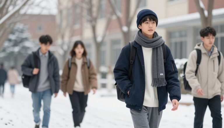 Student wearing a stylish winter outfit for school featuring layers and winter accessories