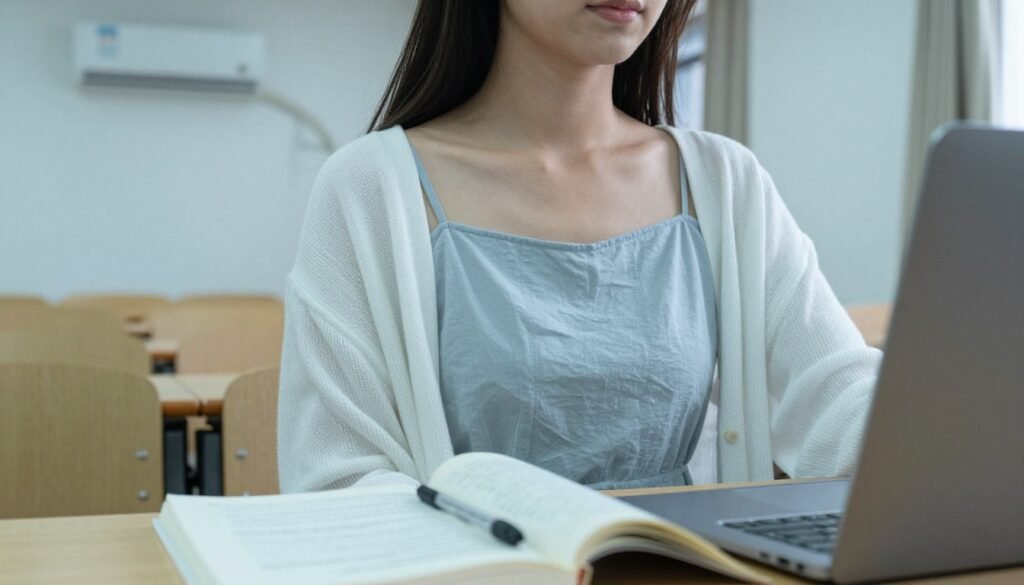 Student wearing a summer dress with a lightweight cardigan draped over her shoulders in an air-conditioned classroom