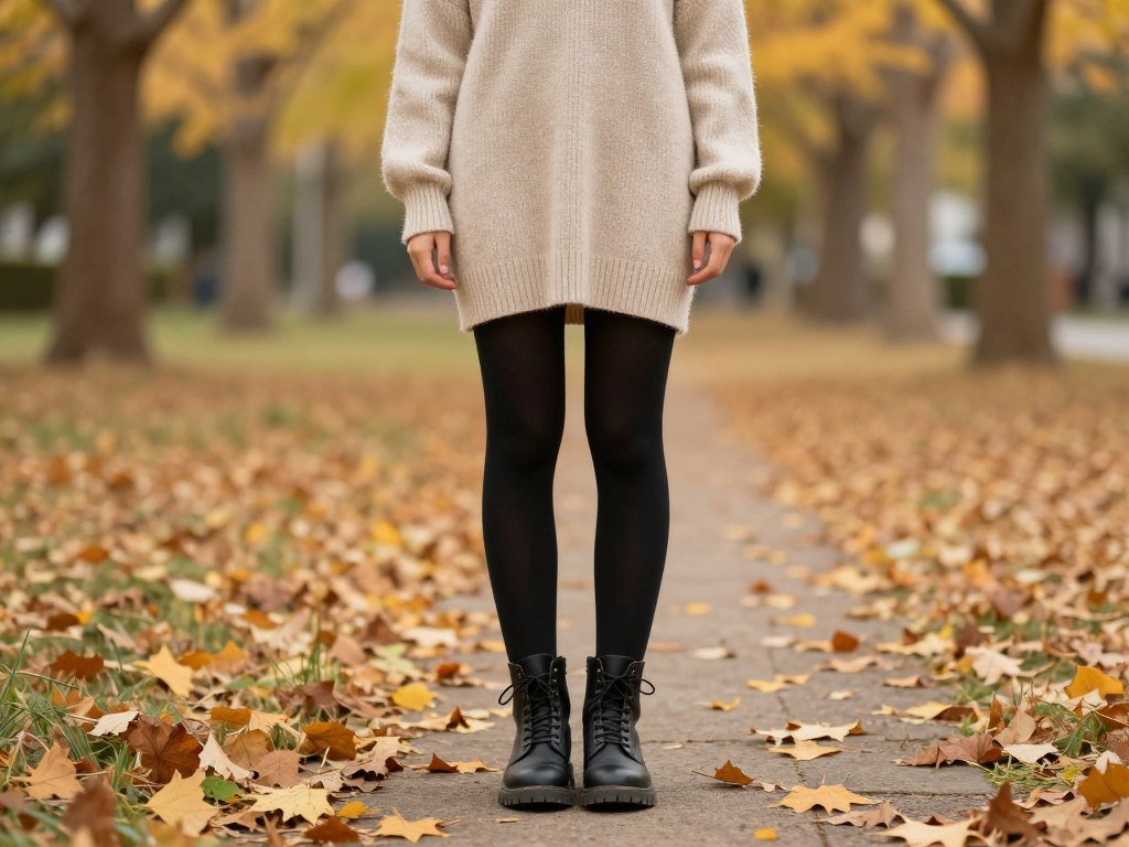 Student wearing a sweater dress with tights and combat boots