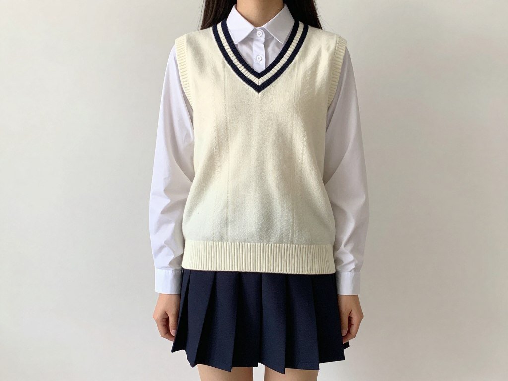 Student wearing a sweater vest over button-up with pleated skirt for spring