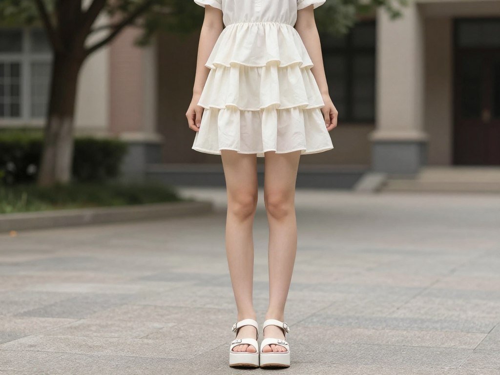 Student wearing a tiered mini dress with platform sandals
