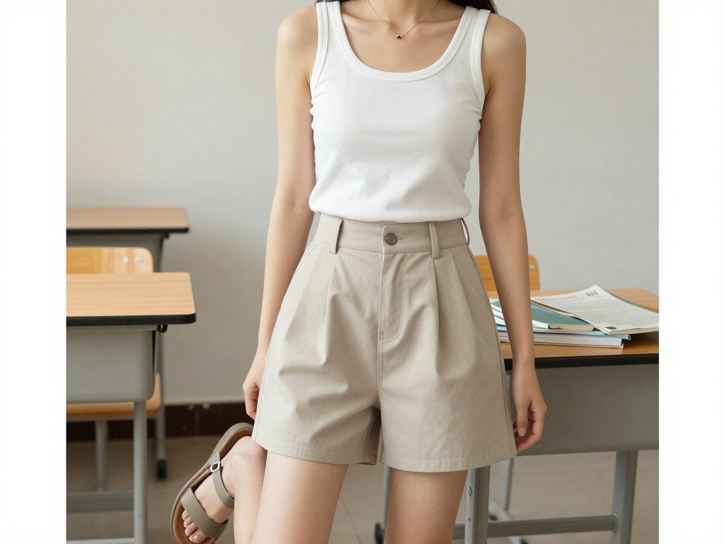 Student wearing a white tank top with high-waisted shorts and sandals for summer school outfit ideas