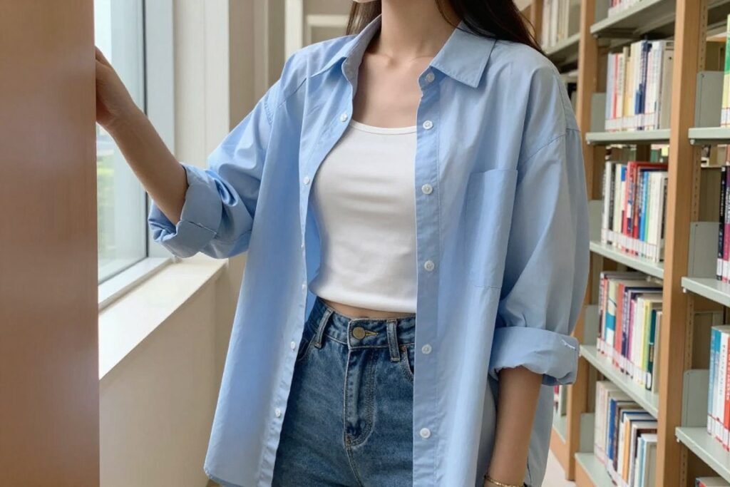 Student wearing an oversized button-down shirt open over a fitted tank top and shorts for summer school layering