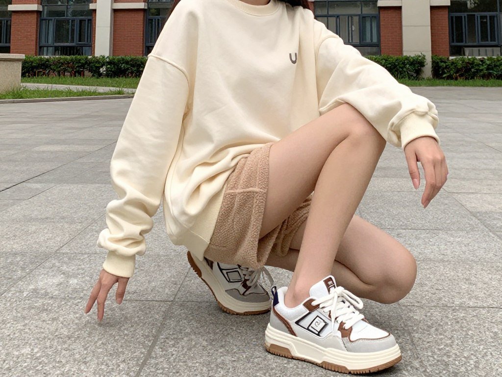 Student wearing an oversized sweatshirt with cozy shorts and chunky sneakers