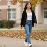 Student wearing black cardigan, white tank top, and straight-leg jeans with sneakers for fall school outfit