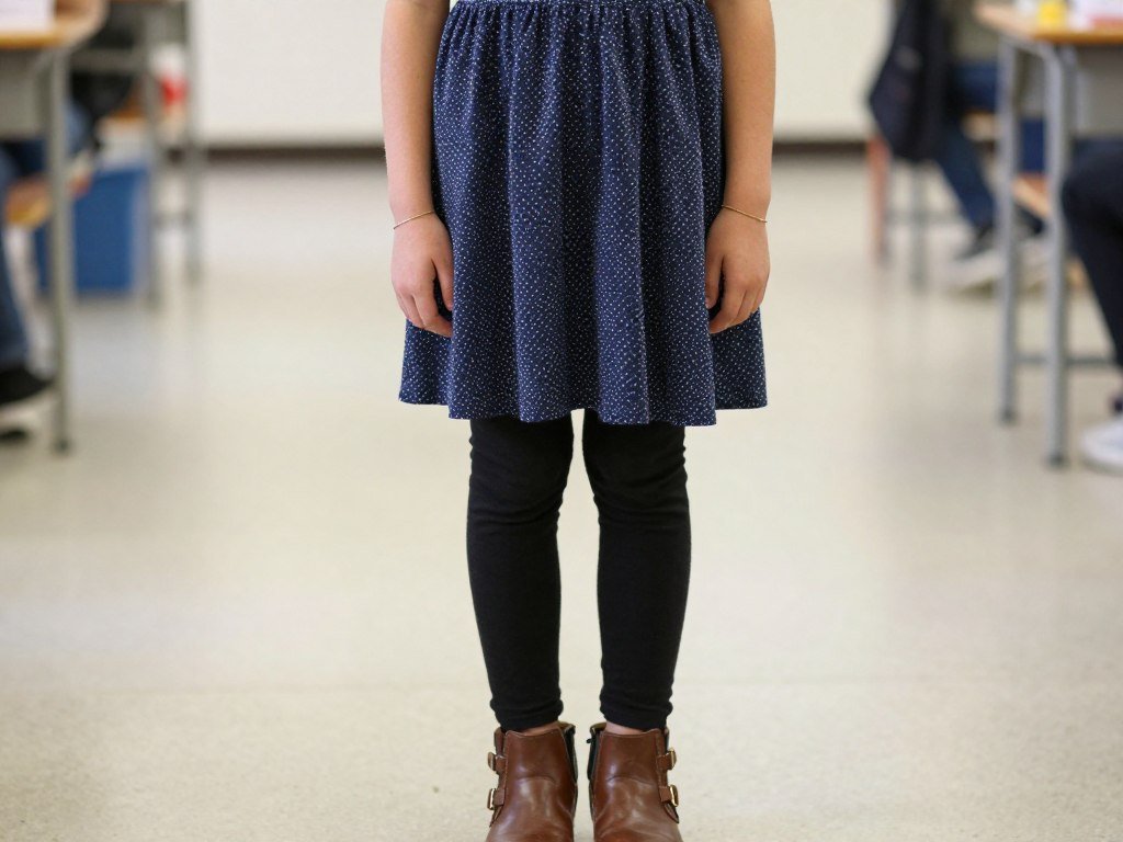 Student wearing black leggings with a patterned tunic dress and ankle boots