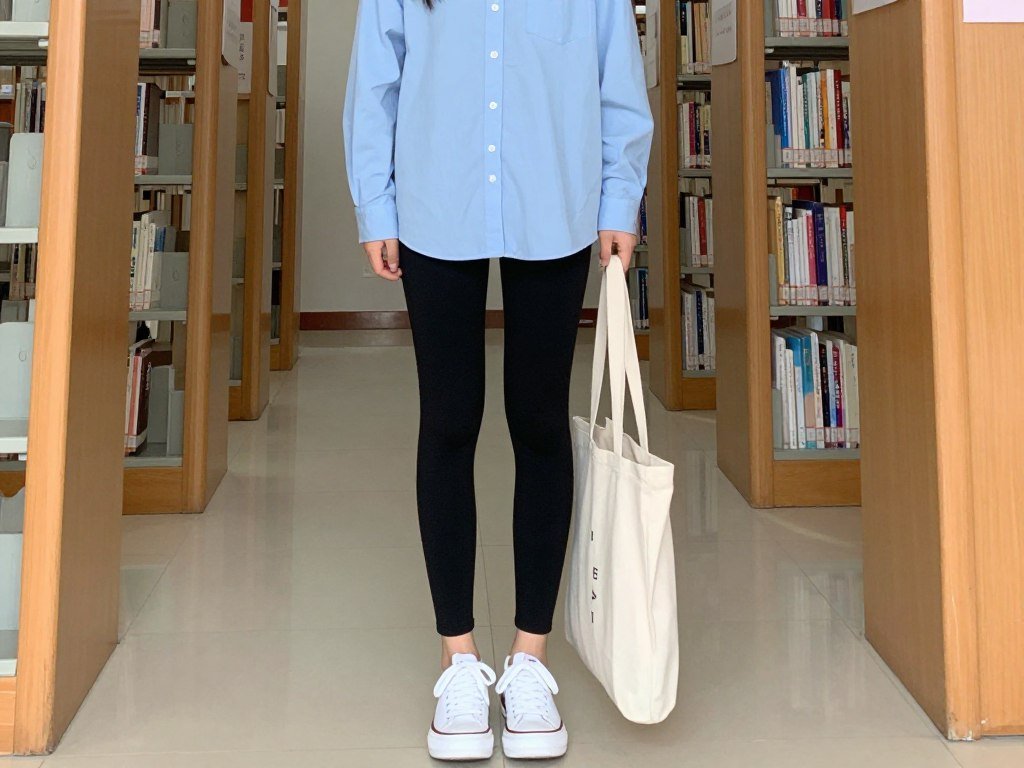 Student wearing black leggings with an oversized button-down shirt