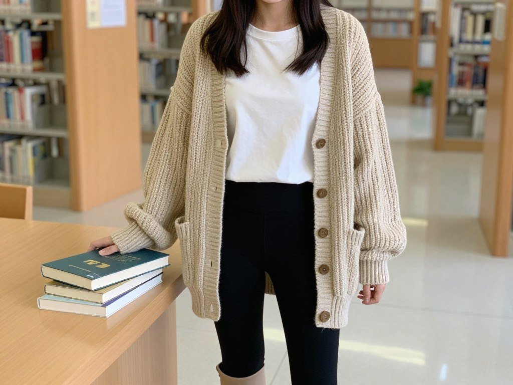 Student wearing black leggings with an oversized cardigan and basic tee