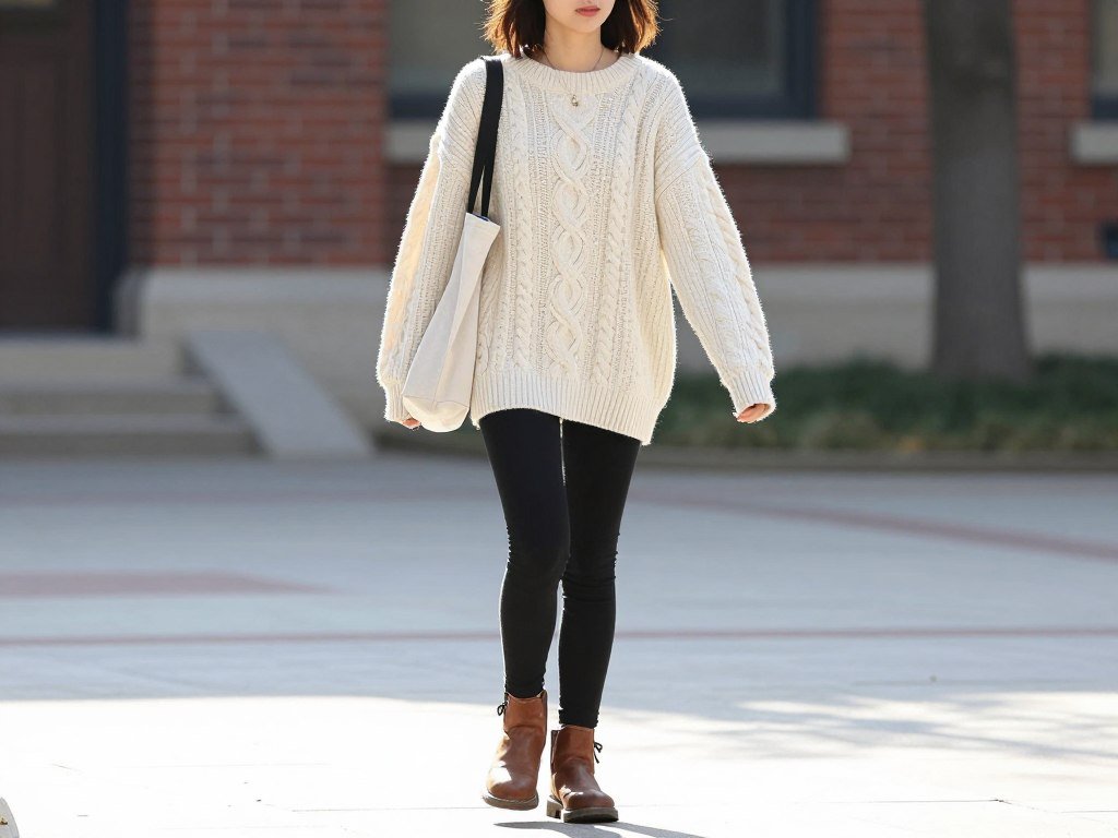 Student wearing black leggings with an oversized sweater and boots