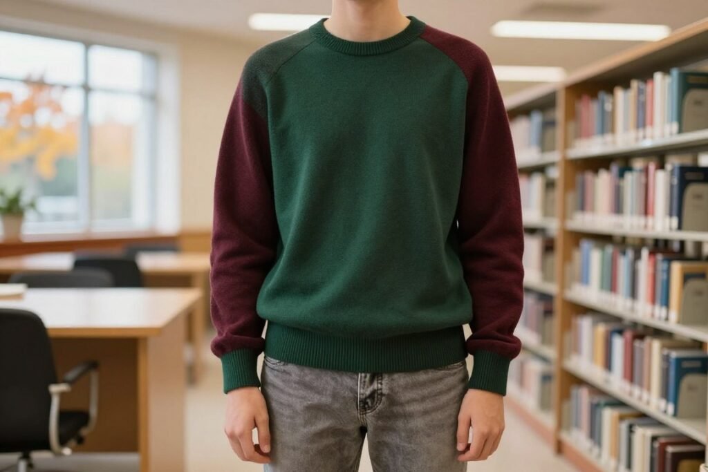 Student wearing burgundy sweater with neutral pants for rich fall school color palette