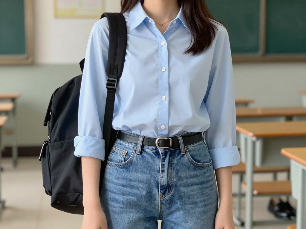 Student wearing button-down shirt with jeans outfit for school