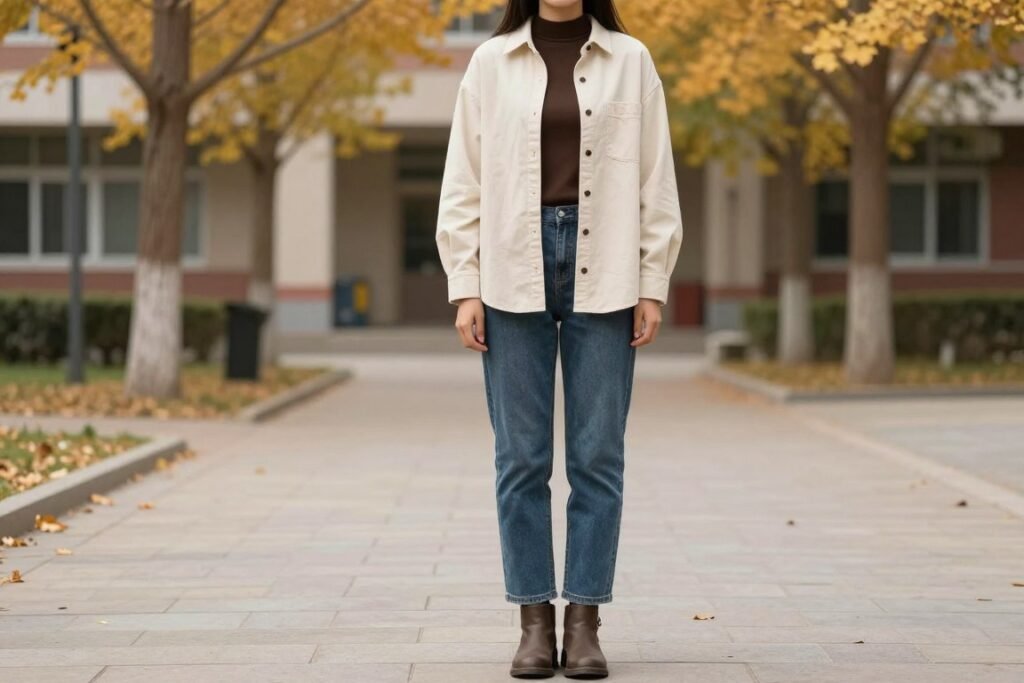 Student wearing cream button-up shirt over bodysuit with jeans and boots for fall school outfit
