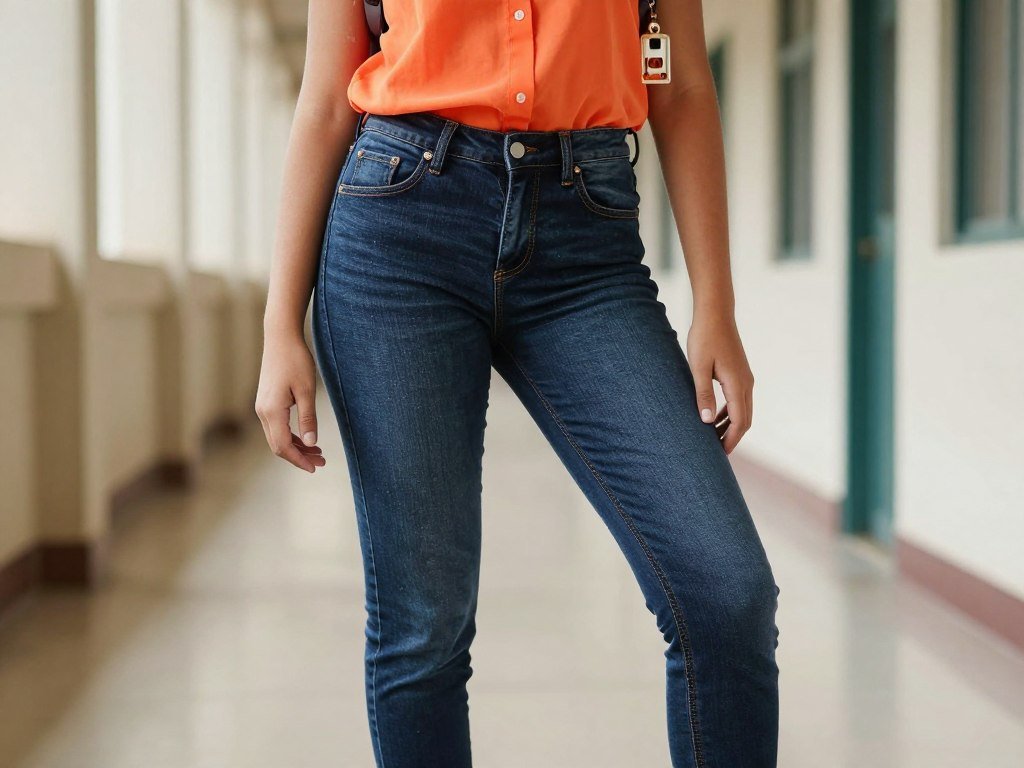 Student wearing dark jeans with a bright blouse and statement earrings