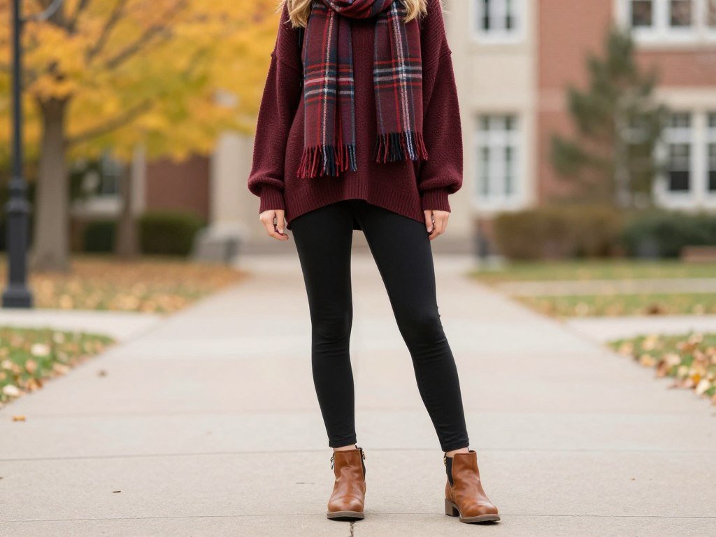 Student wearing fall-themed leggings outfit for school