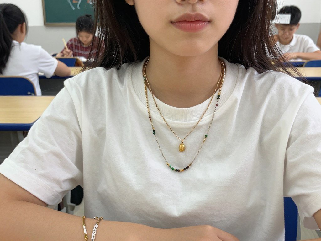 Student wearing layered jewelry with casual outfit for school