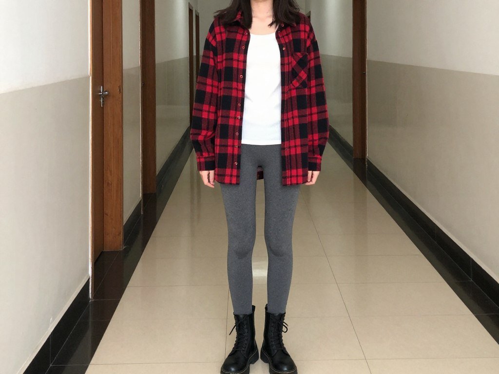 Student wearing leggings with a flannel shirt layered over a thermal top