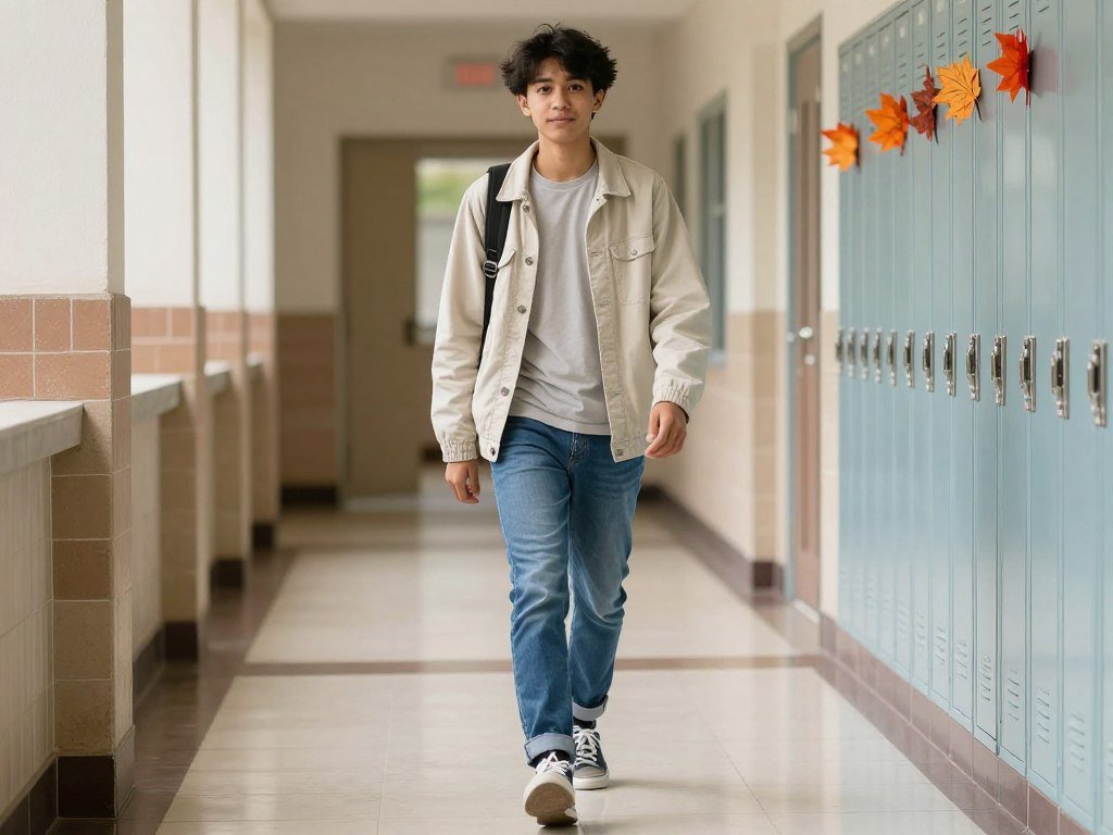 Student wearing light jacket over t-shirt with jeans for versatile fall school outfit