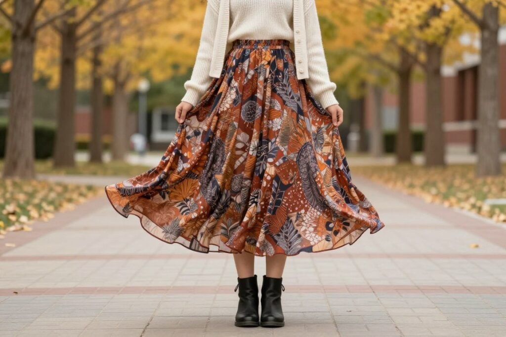 Student wearing maxi skirt with sweater and ankle boots for bohemian fall school style