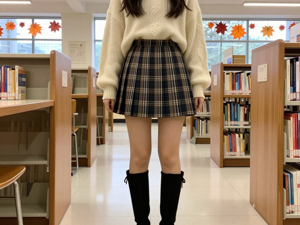 Student wearing mini skirt with oversized sweater and knee-high boots for preppy fall school outfit