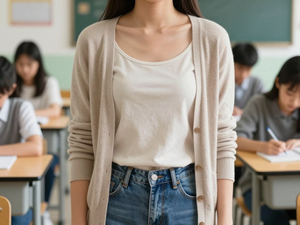Student wearing neutral cardigan with tank top and jeans for versatile fall school layer