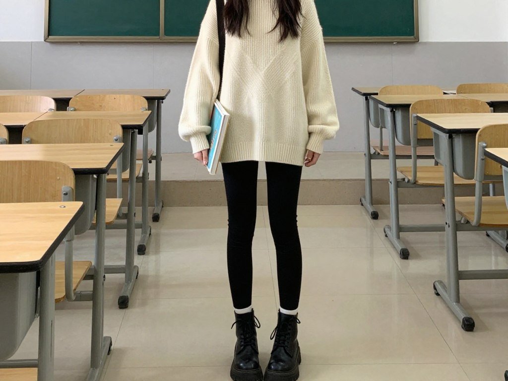 Student wearing oversized sweater with leggings outfit for school