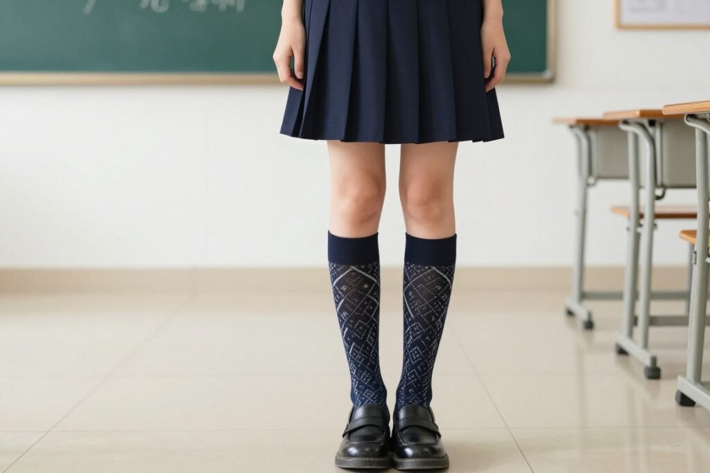 Student wearing plaid skirt uniform with patterned knee socks