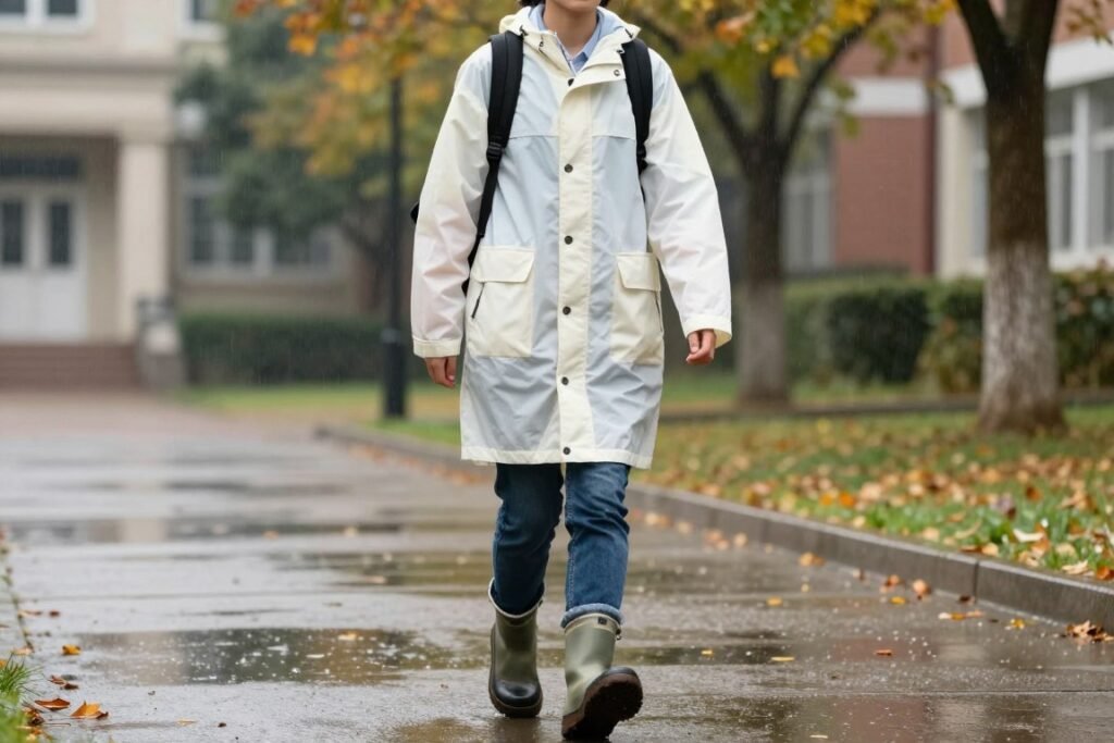 Student wearing rain jacket with jeans and waterproof boots for practical fall school rainy day outfit