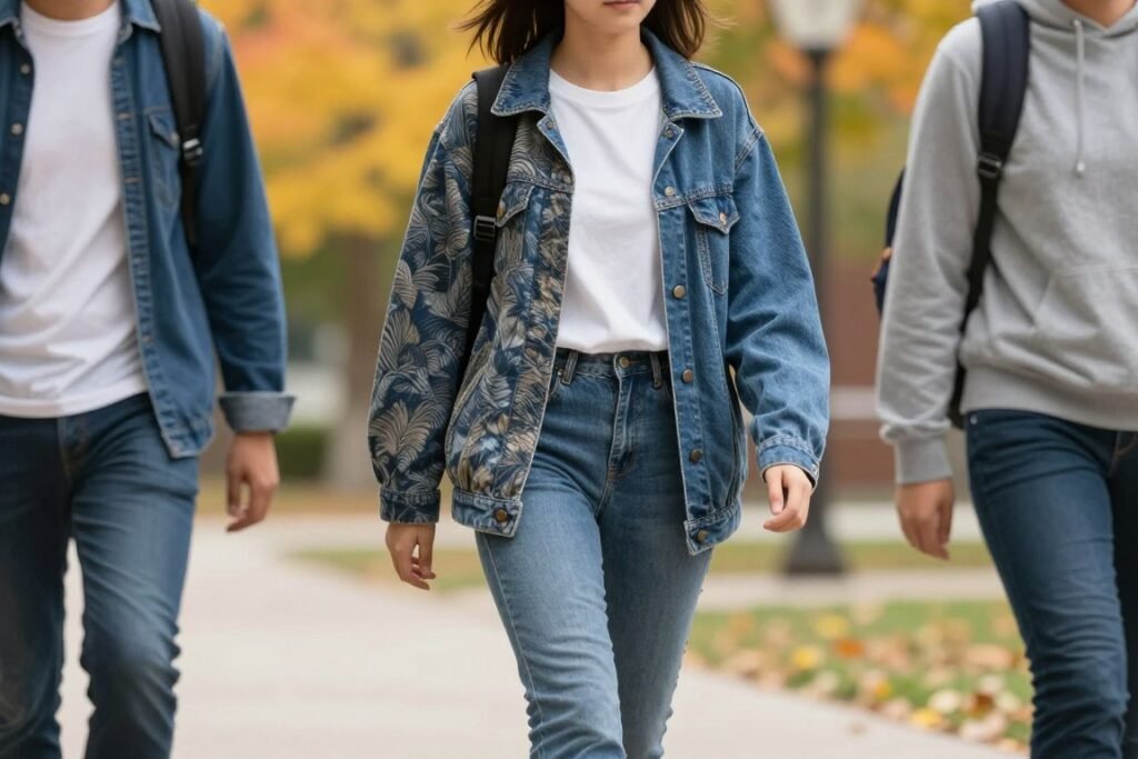 Student wearing statement jacket with simple outfit for stylish fall school look