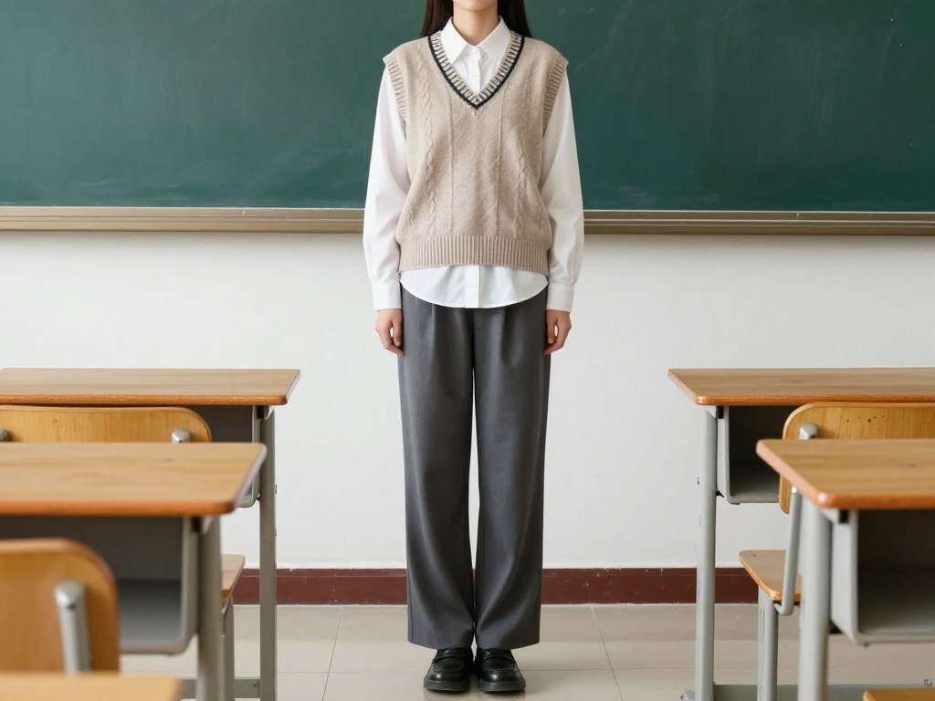 Student wearing sweater vest over button-down with wide-leg pants for academic fall school style