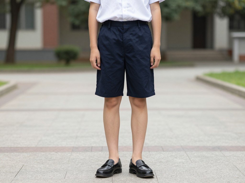 Student wearing tailored shorts with a button-up shirt and loafers
