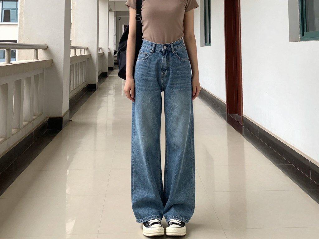 Student wearing wide-leg jeans with fitted top and sneakers for trendy fall school outfit