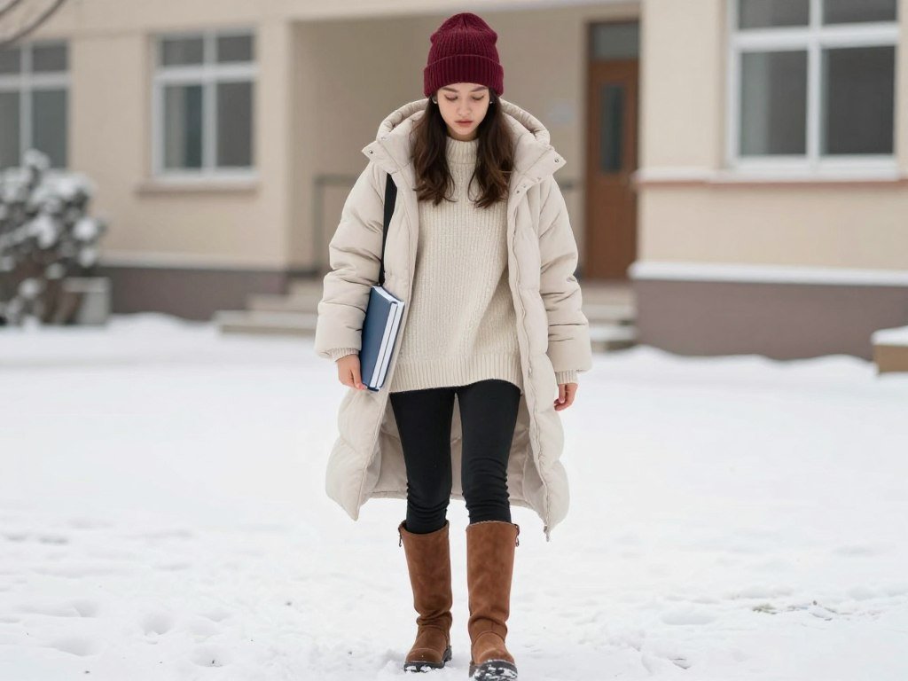 Student wearing winter-themed leggings outfit for school