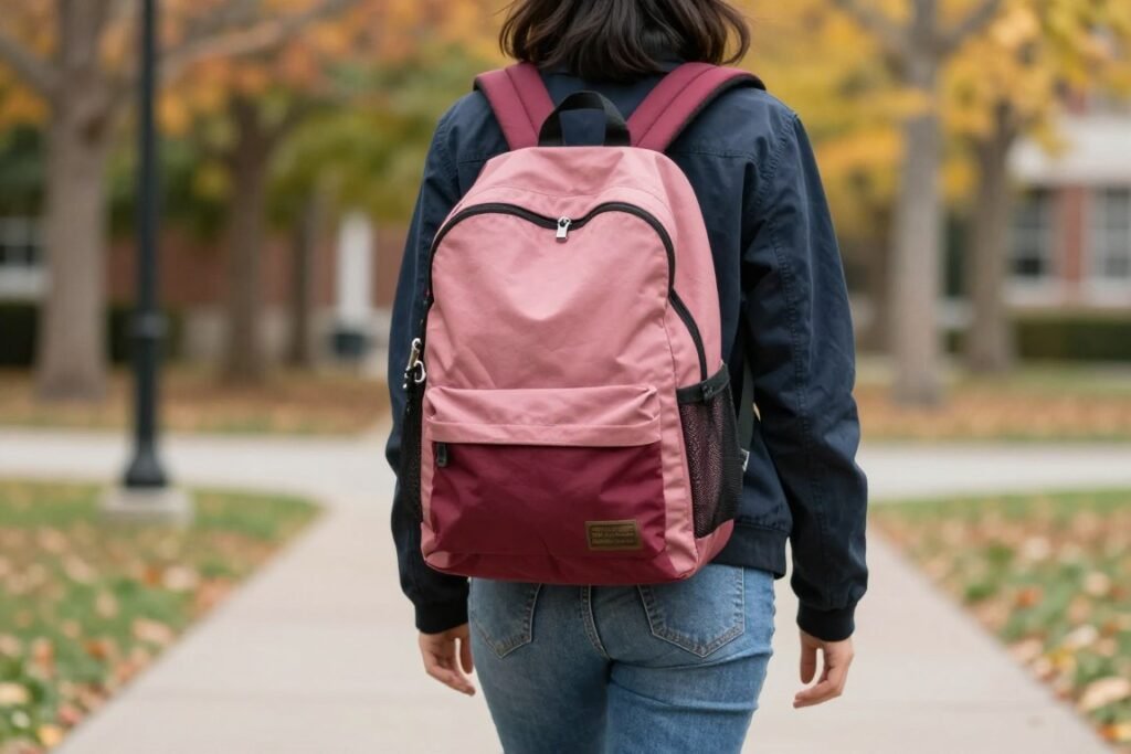 Student with colorful backpack wearing simple outfit for functional fall school style