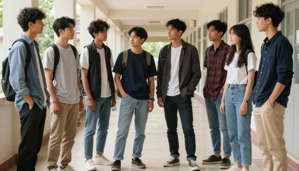 Students wearing various casual outfits in school hallway