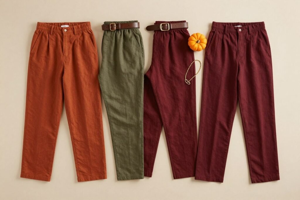 Styled flat lay of fall-colored linen pants in earth tones with autumn accessories