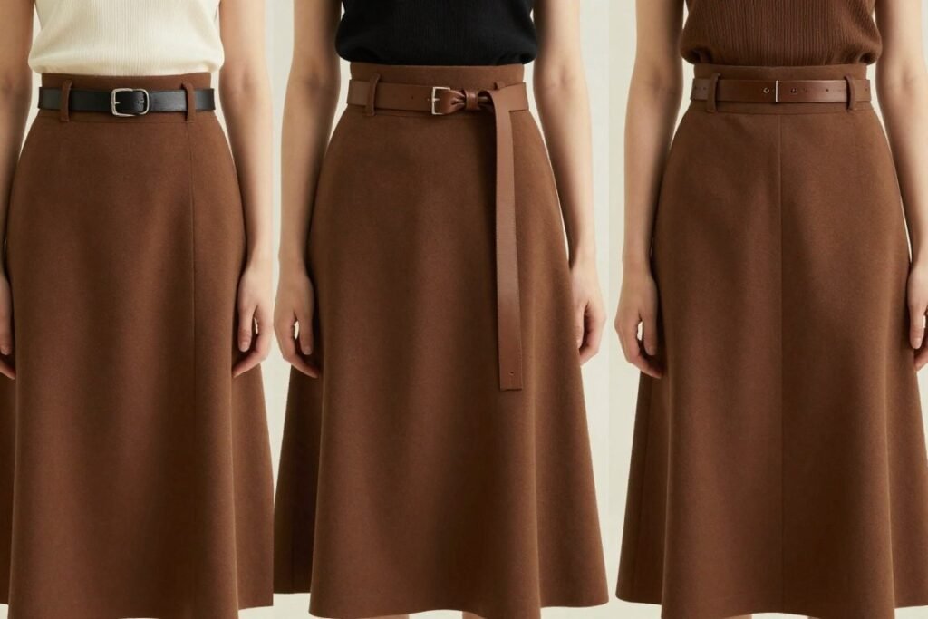 Styling details for apple and rectangle figures wearing long brown skirts