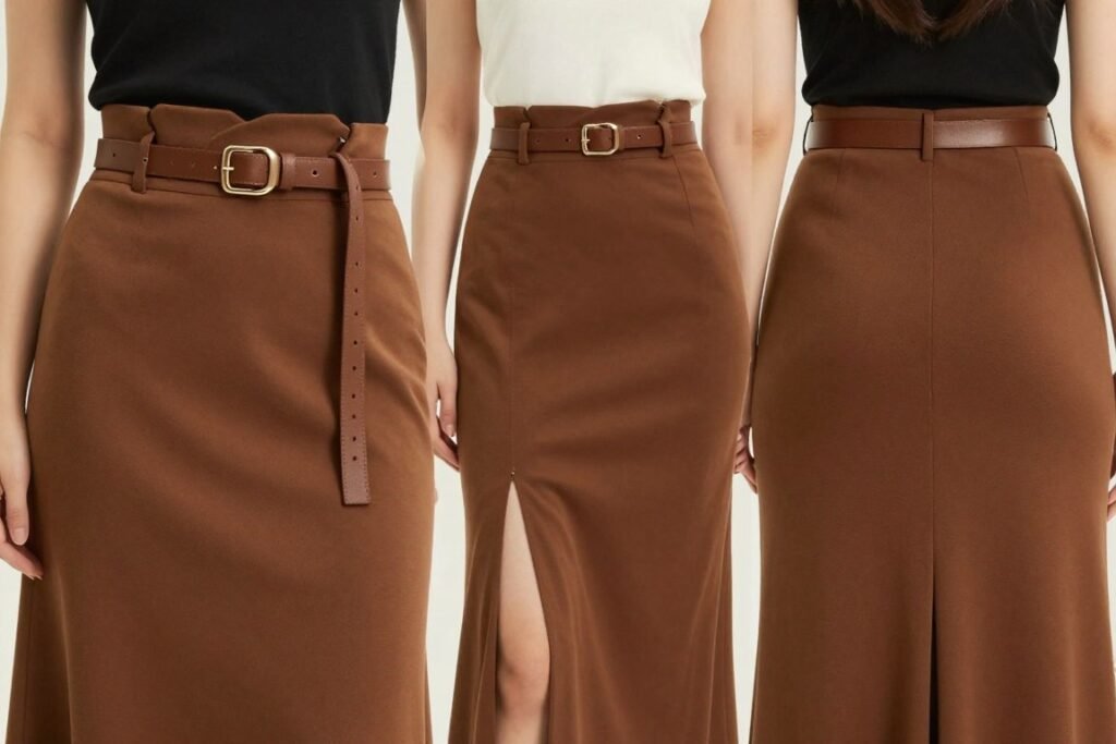 Styling details for pear and hourglass figures wearing long brown skirts