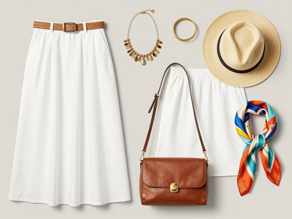 Stylish accessories including belts, jewelry, and bags that complement white skirt outfits