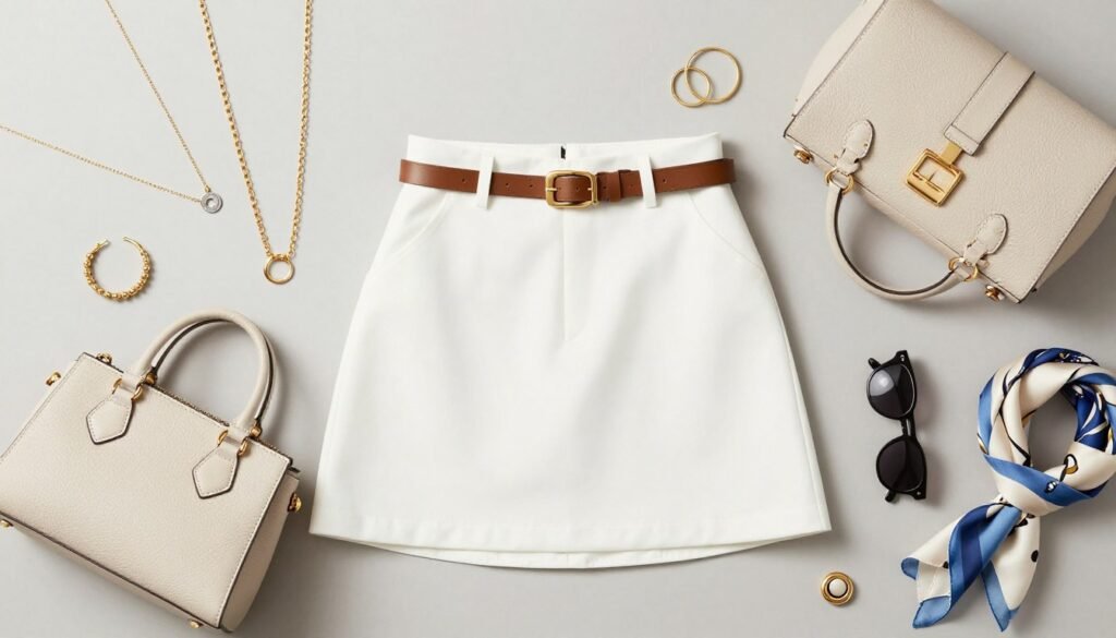 Stylish accessories to complement a short white skirt including jewelry, bags, and belts
