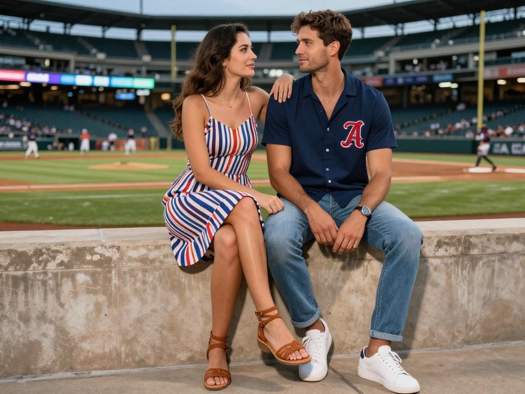 Stylish couple in elevated baseball game outfits suitable for a date night at the stadium