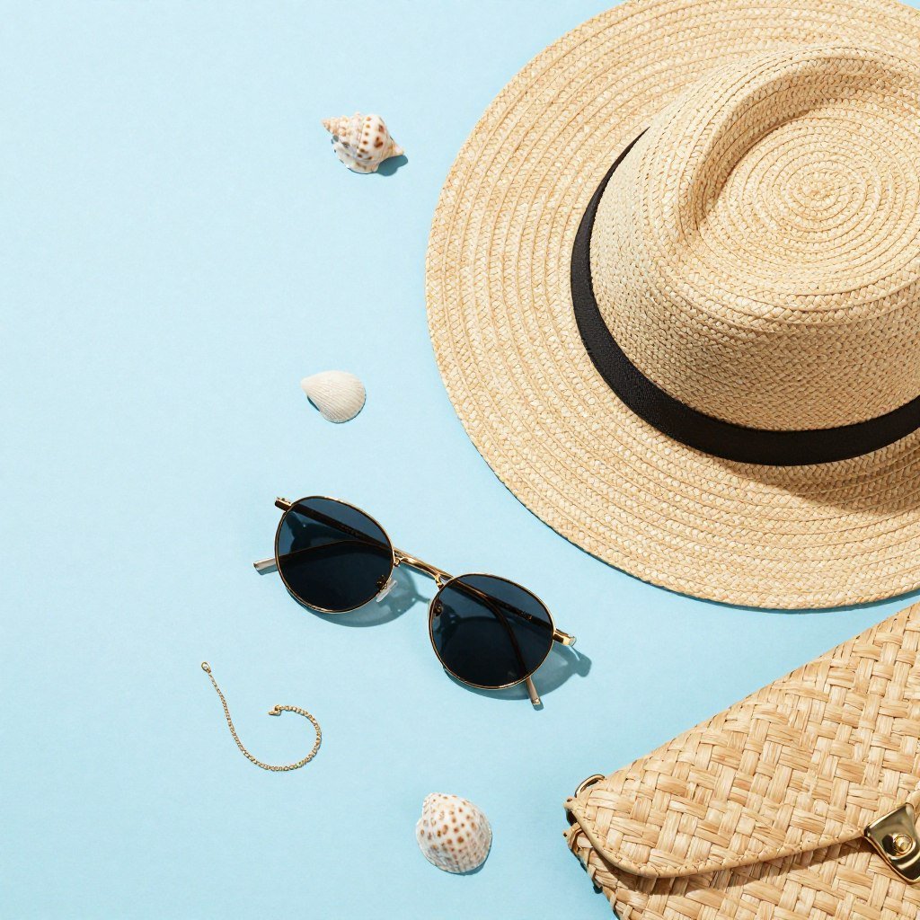 Summer accessories including straw hat and sunglasses