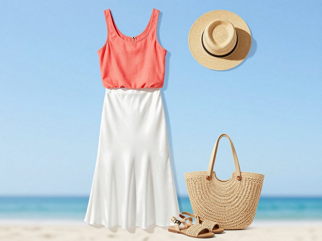 Summer beach outfit with white satin skirt, crop top and straw accessories