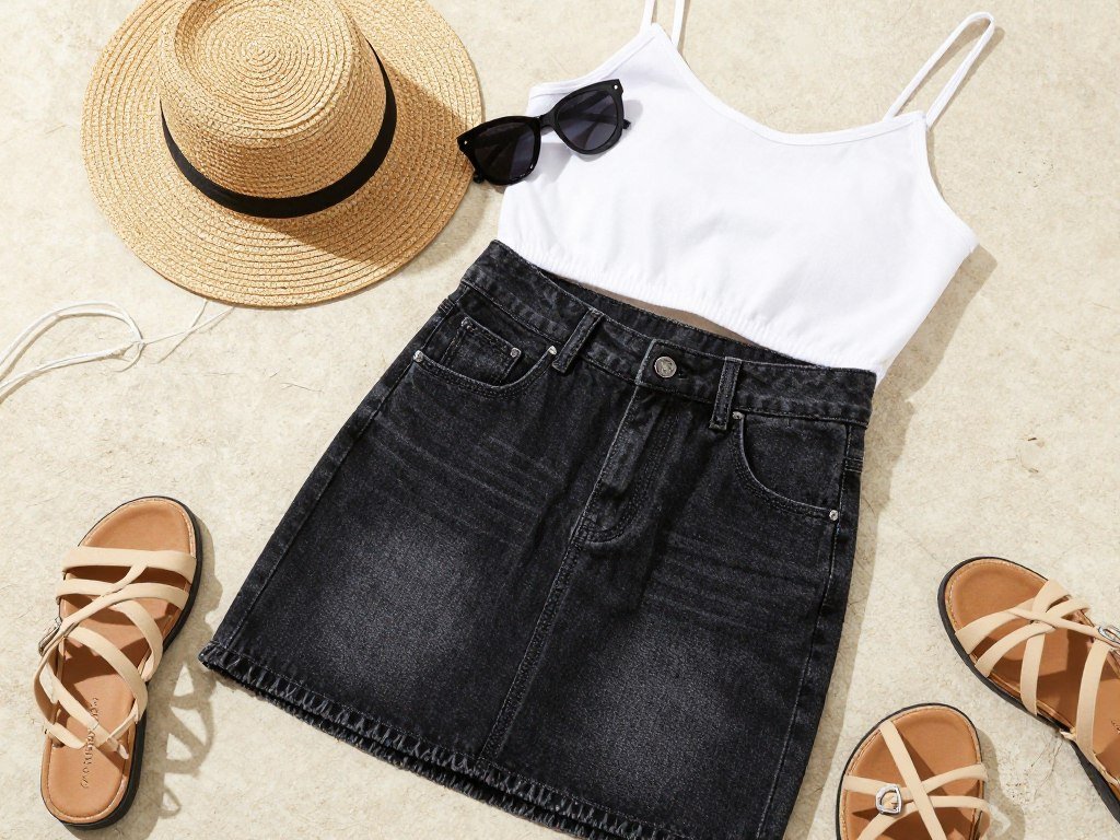 Summer black denim skirt outfit with crop top and sandals