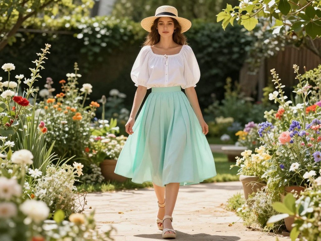 Summer garden party outfit with pastel bubble skirt and white puff-sleeve top