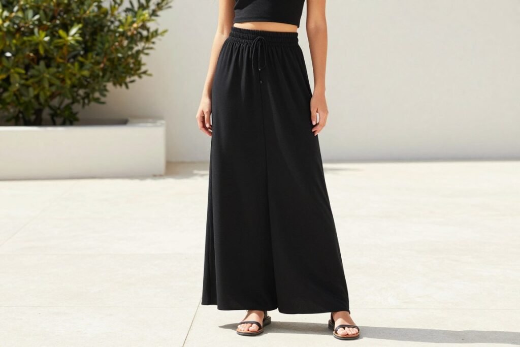 Summer long black skirt outfit with crop top and sandals