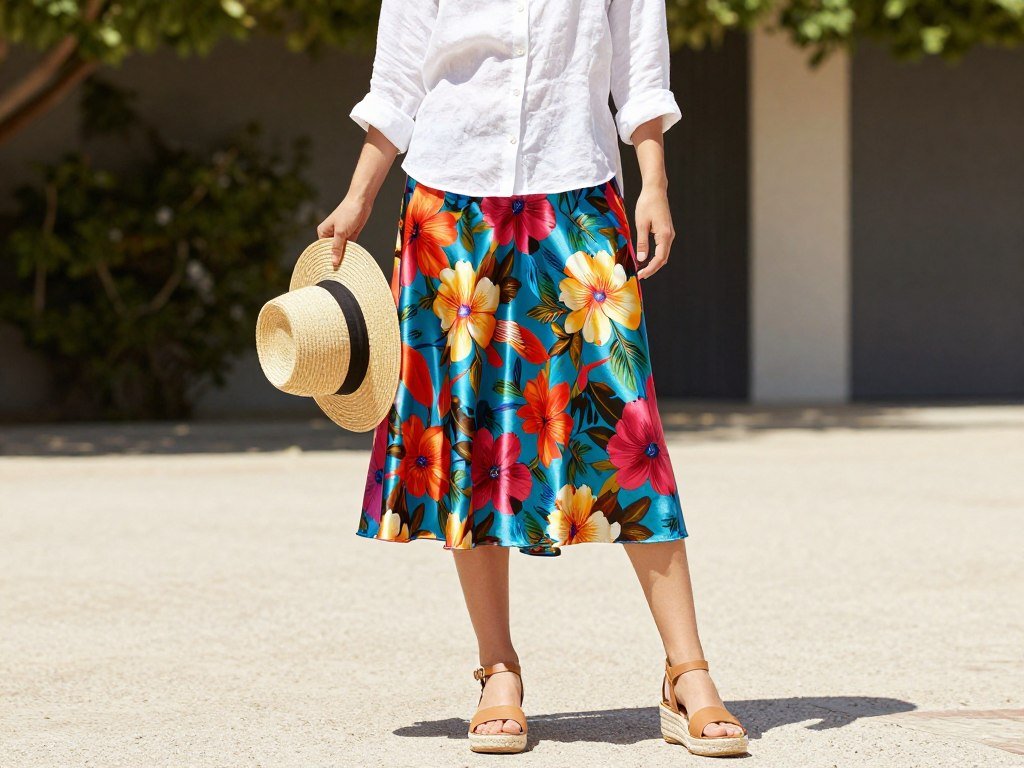 Summer outfit with floral satin skirt, white linen button-down and espadrille sandals